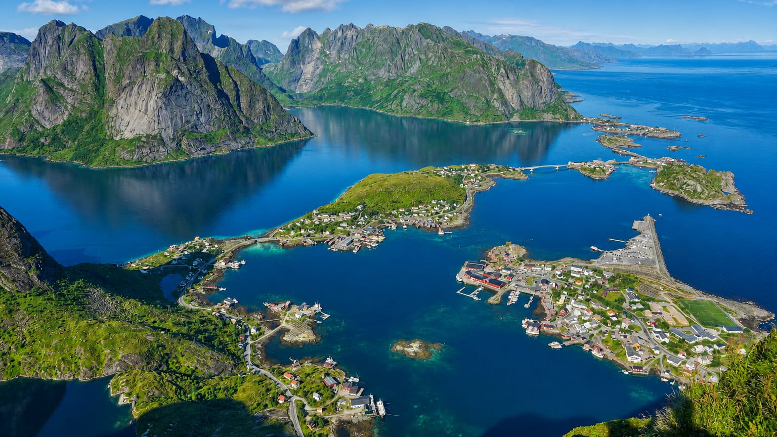 Aerial view of Reine, Norway, its village spread across islands in a blue Lofoten fjord beneath jagged peaks