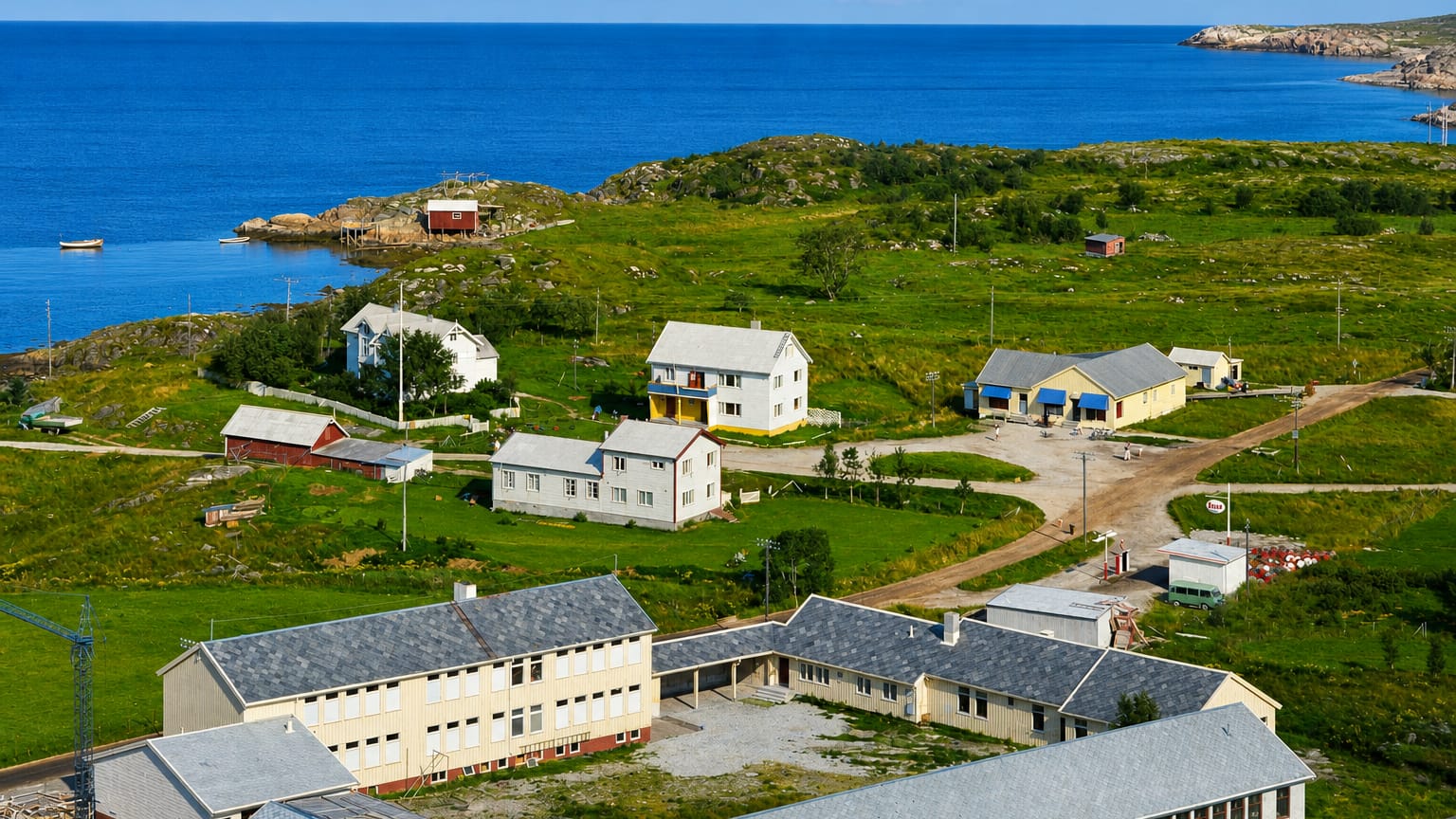 The small coastal settlement of Solfjellsjoen on the Helgeland coast of Nordland, Norway, with scattered houses beside the sea.