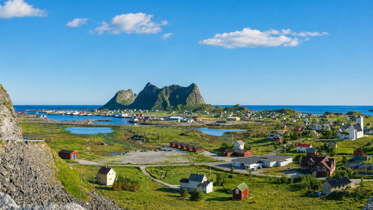 Sorland village on Vaeroy, Norway, with houses and harbour below a jagged Lofoten peak beside the sea