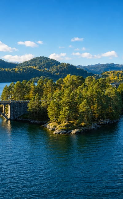 Straumen, Norway, two stone arch bridges spanning blue water between wooded islets and forested hills.