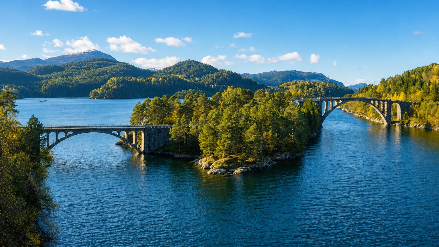 Straumen, Norway, two stone arch bridges spanning blue water between wooded islets and forested hills.