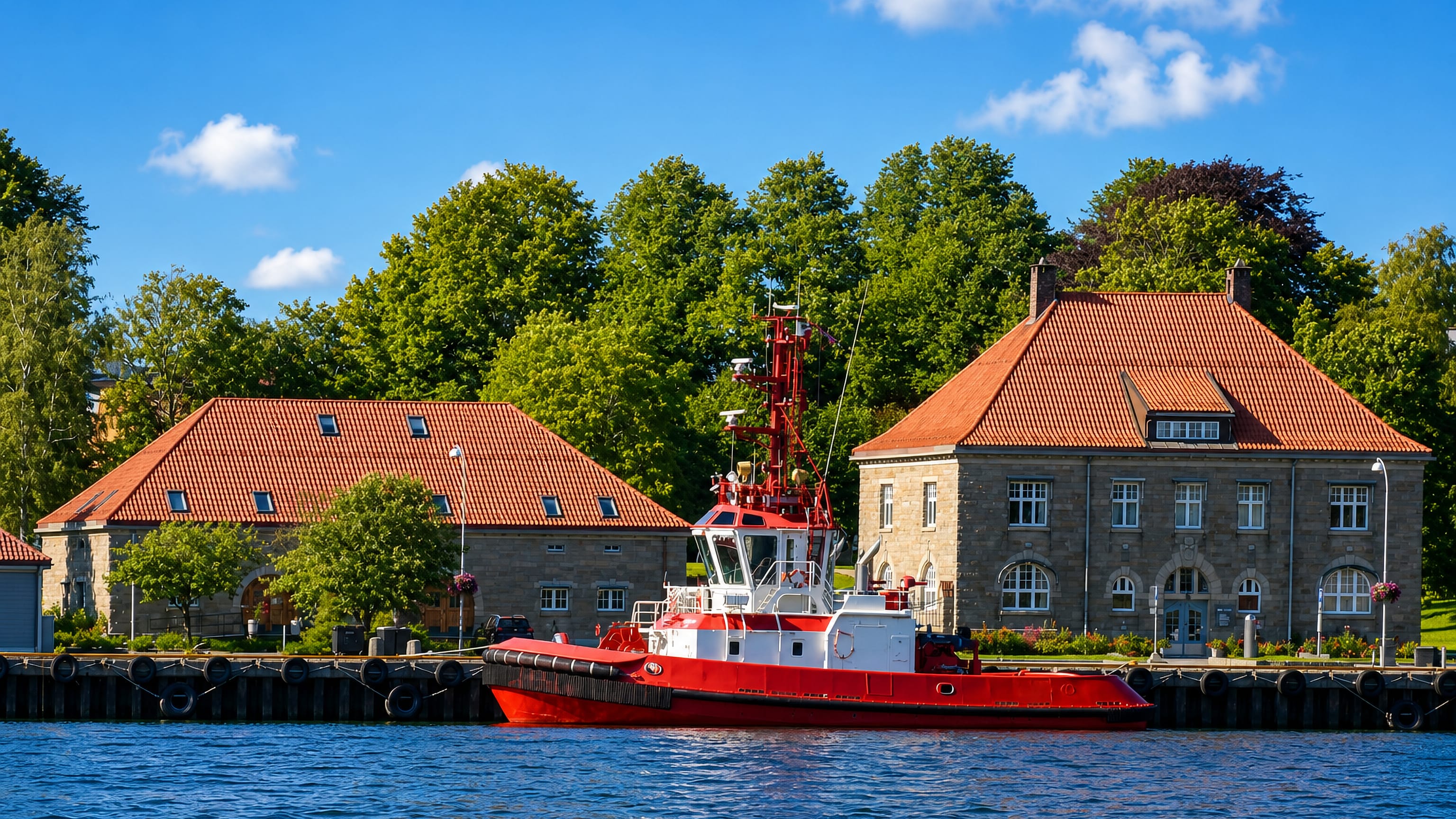 Red tugboat moored beside tile-roofed quayside buildings on the river at Cicignon, Fredrikstad.