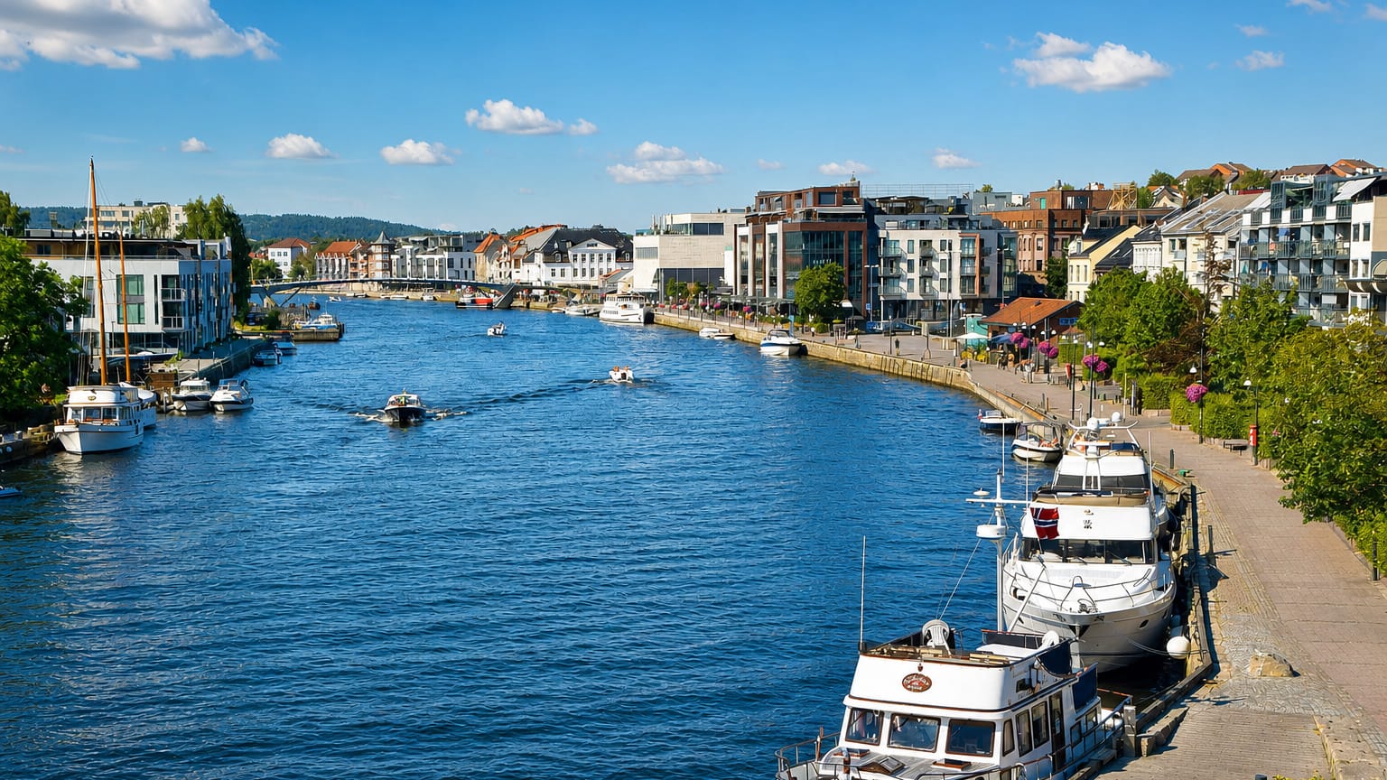 Fredrikstad waterfront on the Glomma river, with moored yachts, a promenade and mixed townhouses under a blue summer sky.