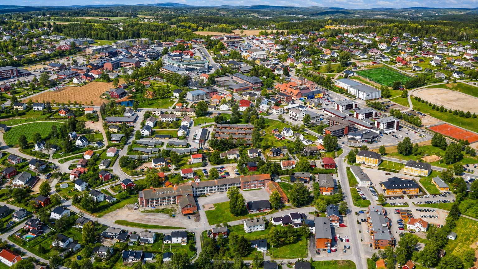 Aerial view of Mysen, Norway, a low-rise town center ringed by green farmland, forest and rolling hills under a blue sky.