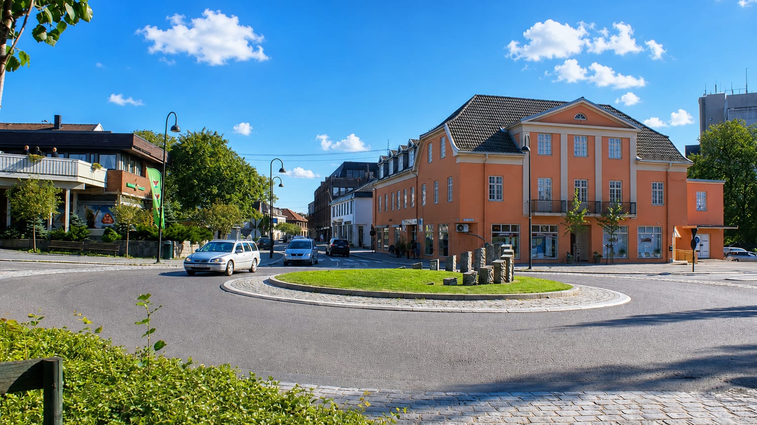 Cobbled roundabout in central Rakkestad, Norway, beside a salmon-pink neoclassical building under a blue sky.