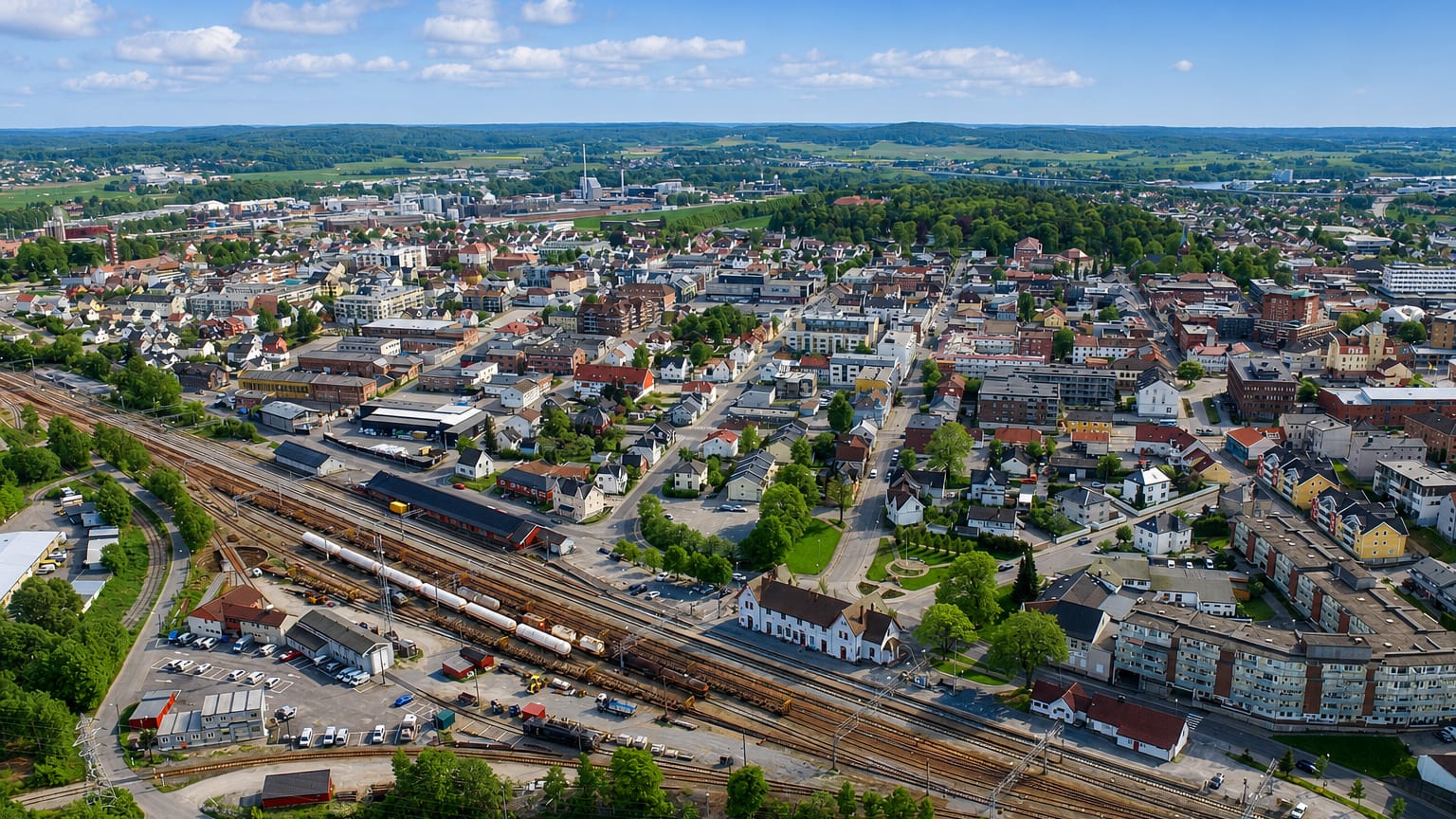 Aerial view over central Sarpsborg, Norway, with rooftops, a rail yard and rolling green countryside.