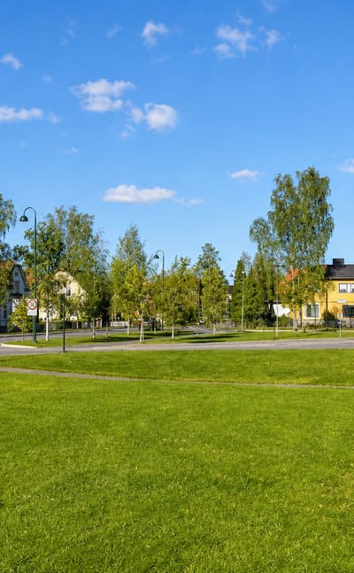 White and yellow timber houses along a green street in the village of Spydeberg, Østfold, Norway.