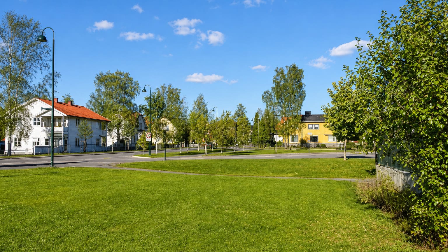 White and yellow timber houses along a green street in the village of Spydeberg, Østfold, Norway.