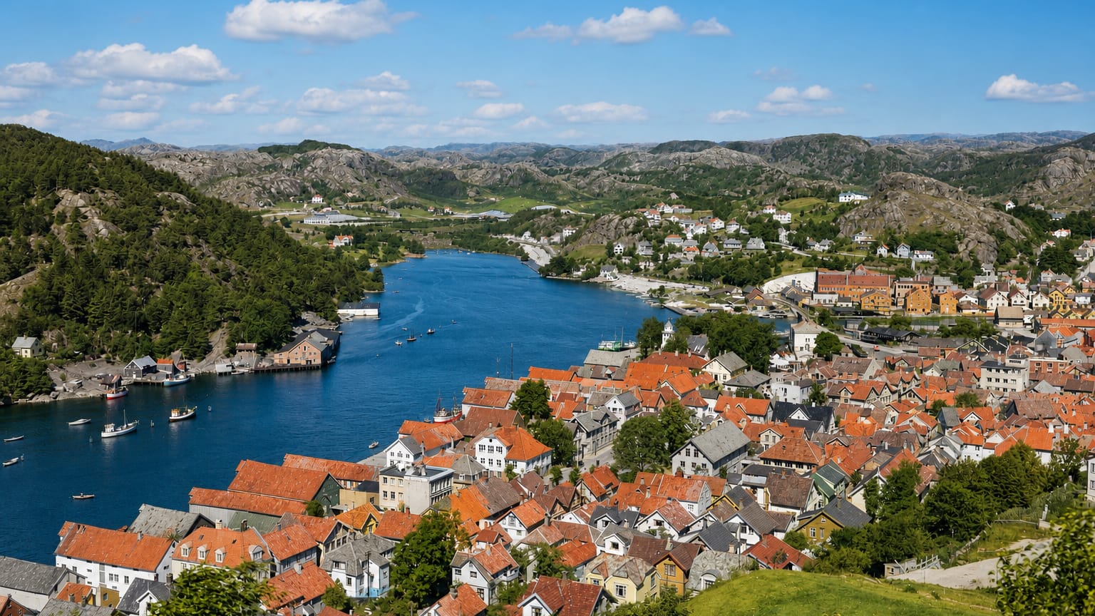 Elevated view over Egersund, Norway, with red-roofed white wooden houses lining the sound, boats and green hills