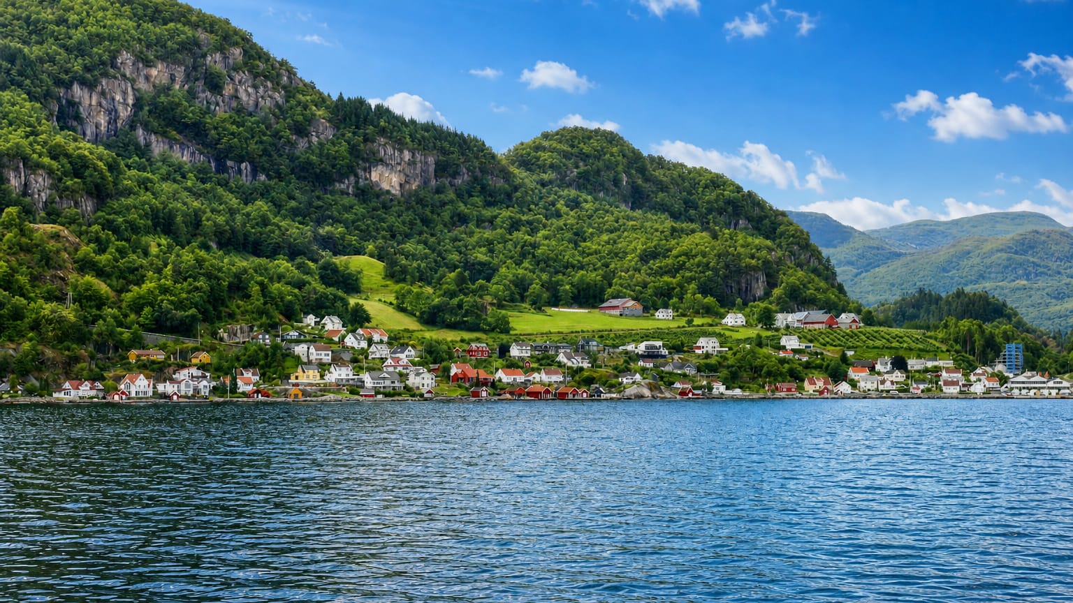 Hjelmelandsvågen's white and red waterfront houses below steep forested mountains on a fjord in Rogaland, Norway.