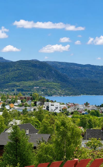 Jørpeland's houses spread along a fjord shore beneath forested Ryfylke mountains under a blue summer sky