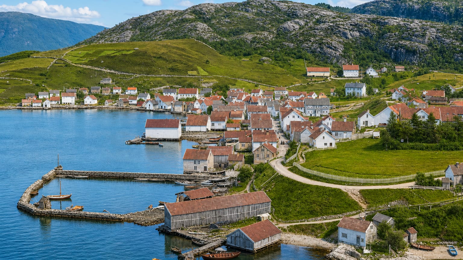 The white wooden houses of Sand, Norway, clustered around a stone harbour beside the fjord below green hills and rocky peaks.