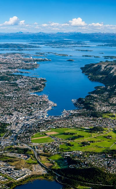 Aerial view of Sandnes, Norway, along the Gandsfjorden with mountains and islands in the distance