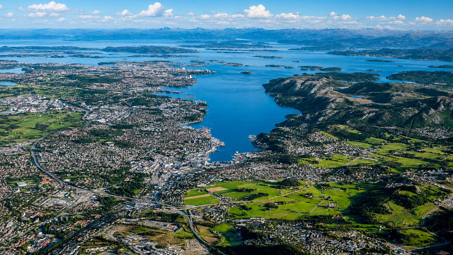 Aerial view of Sandnes, Norway, along the Gandsfjorden with mountains and islands in the distance