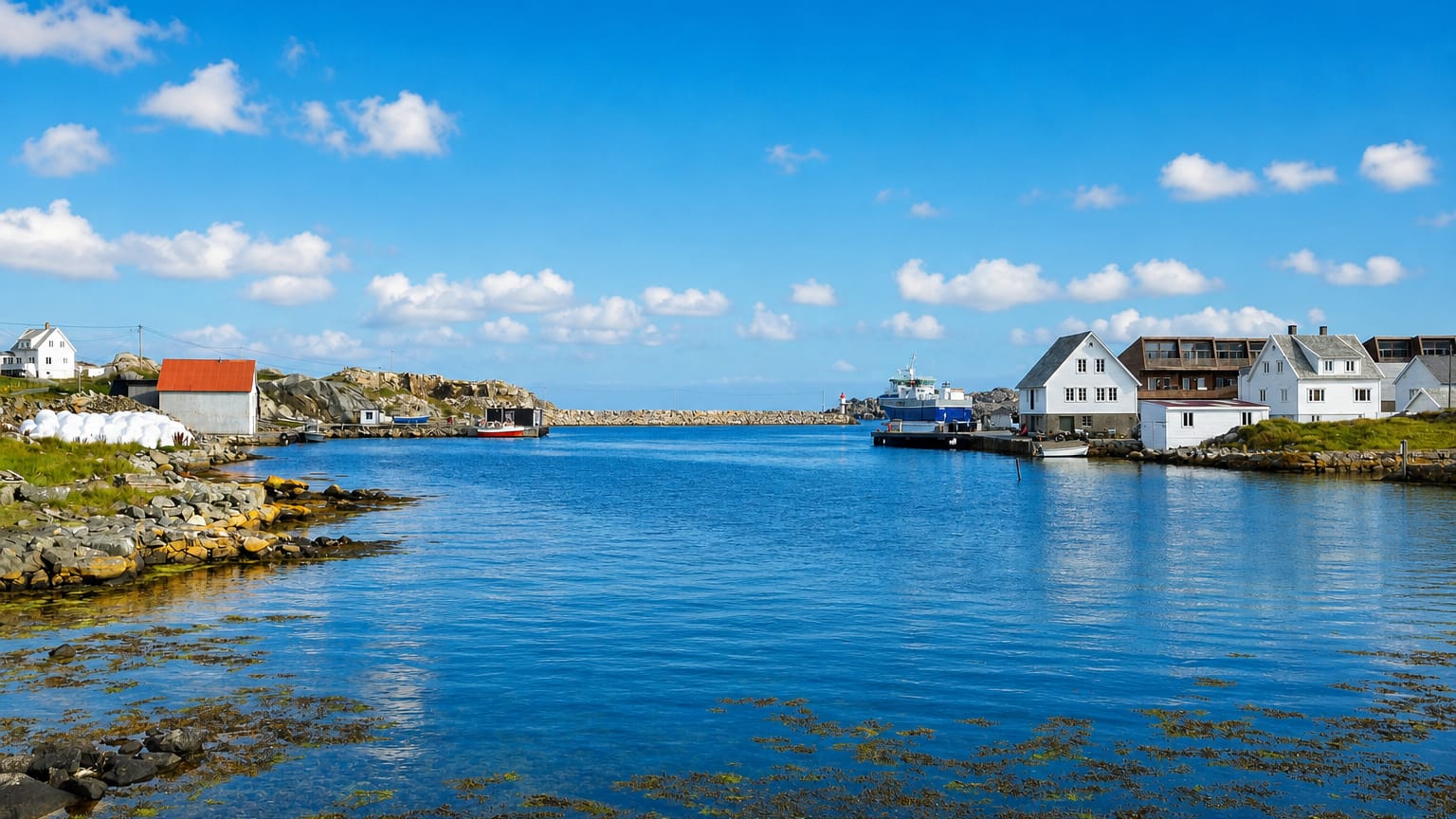 The island harbour of Utsira in Rogaland, Norway, with white timber houses, a ferry and rocky shoreline under a blue sky.