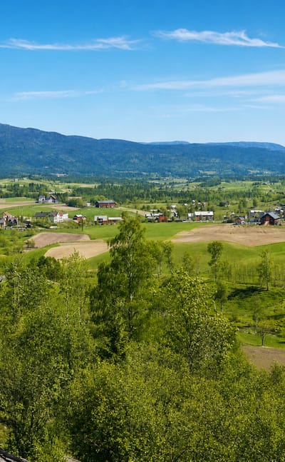 Bø in Telemark across a green valley of scattered farms and fields ringed by forested hills under a blue sky