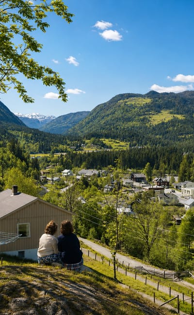 Dalen, Norway: a small valley town of scattered houses ringed by steep forested mountains under a clear blue sky.