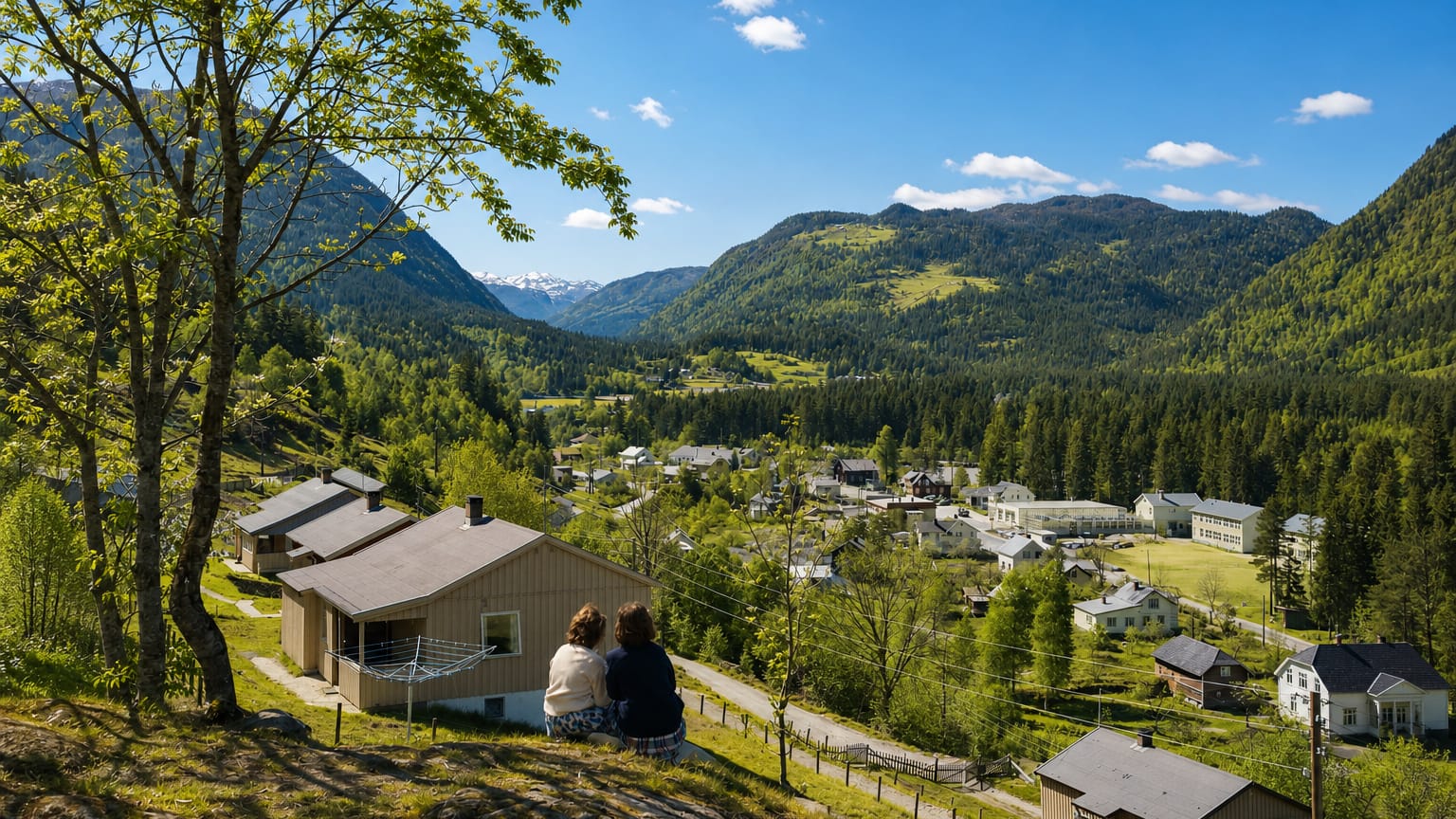 Dalen, Norway: a small valley town of scattered houses ringed by steep forested mountains under a clear blue sky.