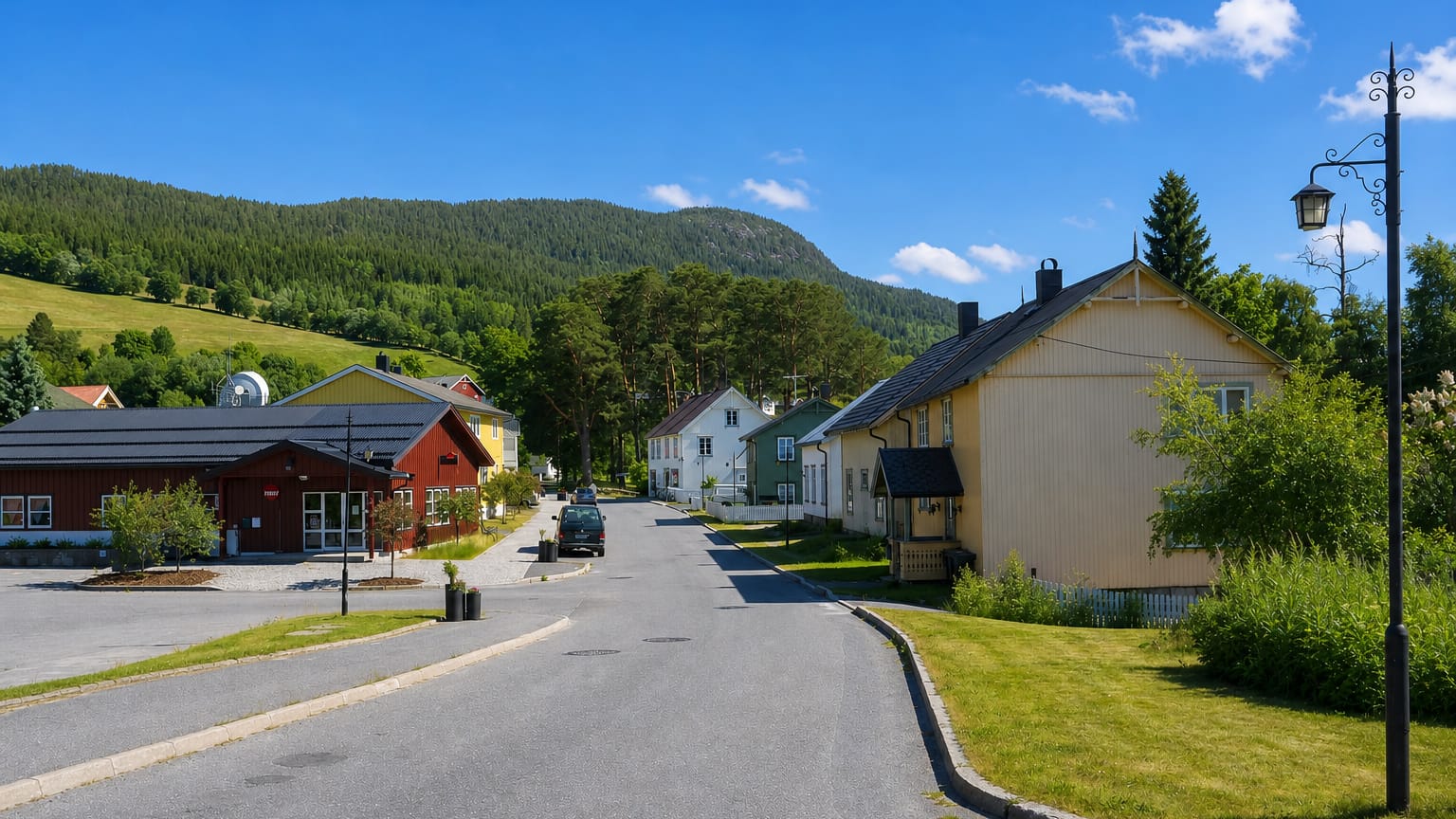 Quiet main street lined with wooden houses below a forested hillside in Fyresdal