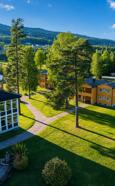 Elevated view of Gvarv village in Telemark, Norway, with wooden houses, green lawns and forested hills