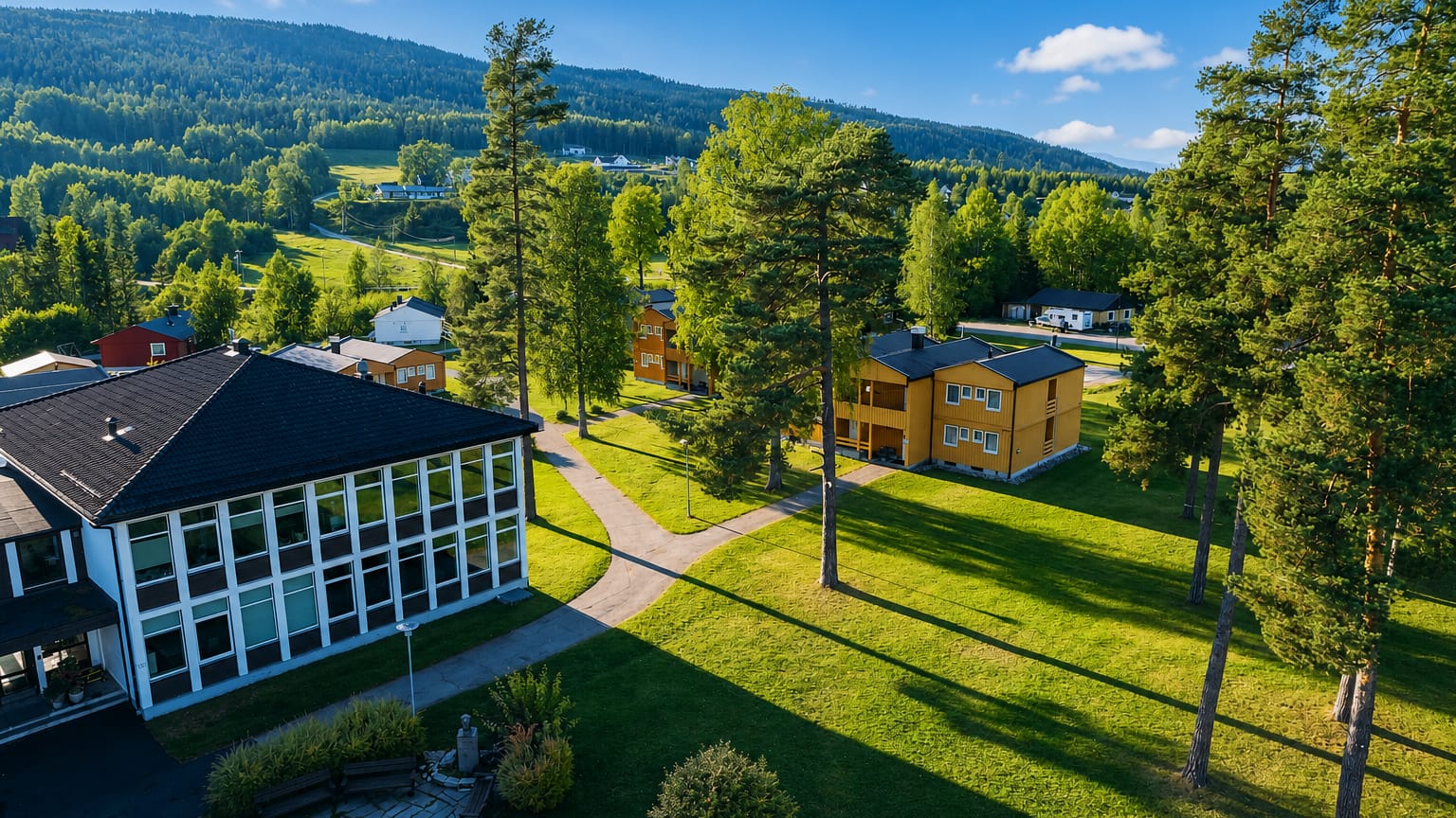 Elevated view of Gvarv village in Telemark, Norway, with wooden houses, green lawns and forested hills