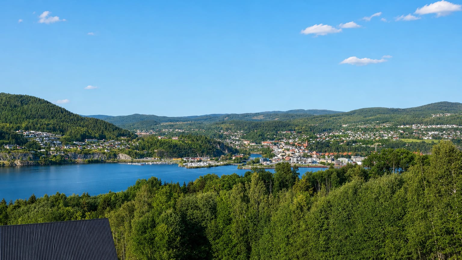 View over Notodden, Norway, beside a lake ringed by forested hills under a blue summer sky