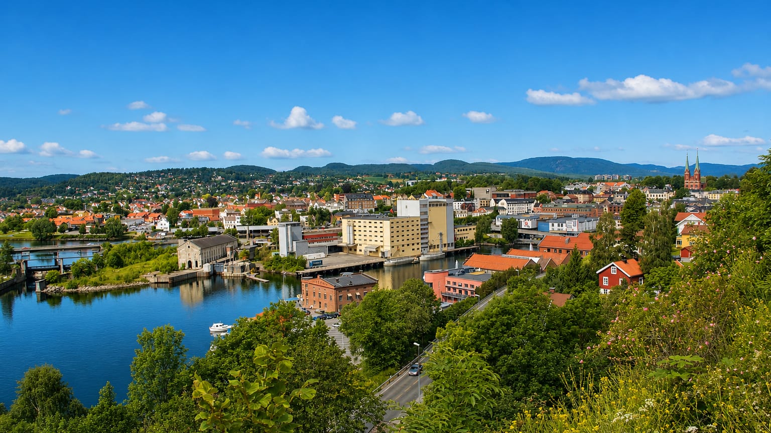 Riverside townscape of Skien with waterway, bridges and a church spire beneath green hills in Telemark