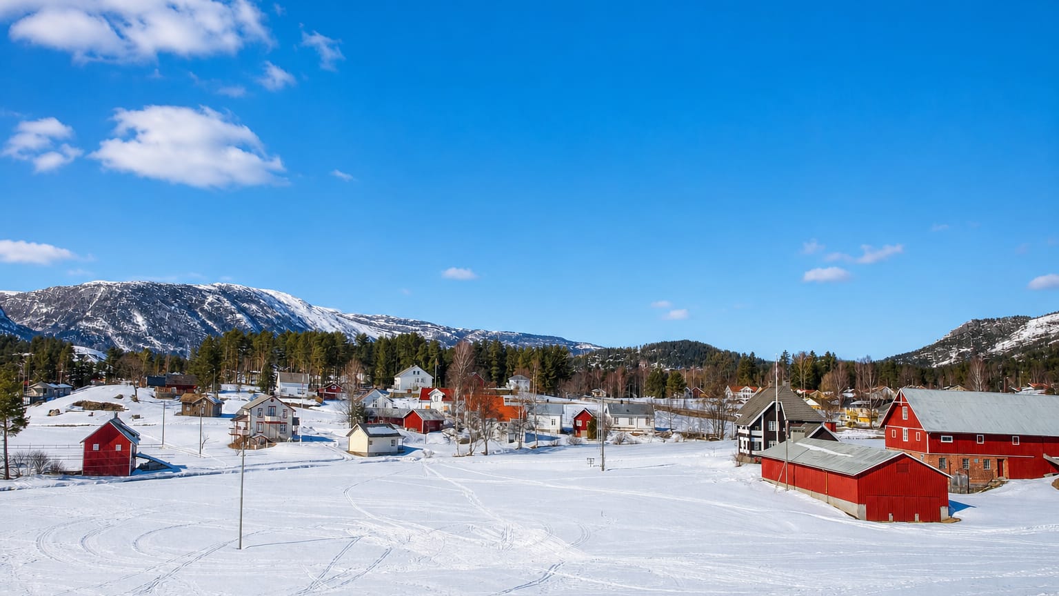 Snow-covered village with red timber houses and barns below wooded mountains at Treungen, Norway
