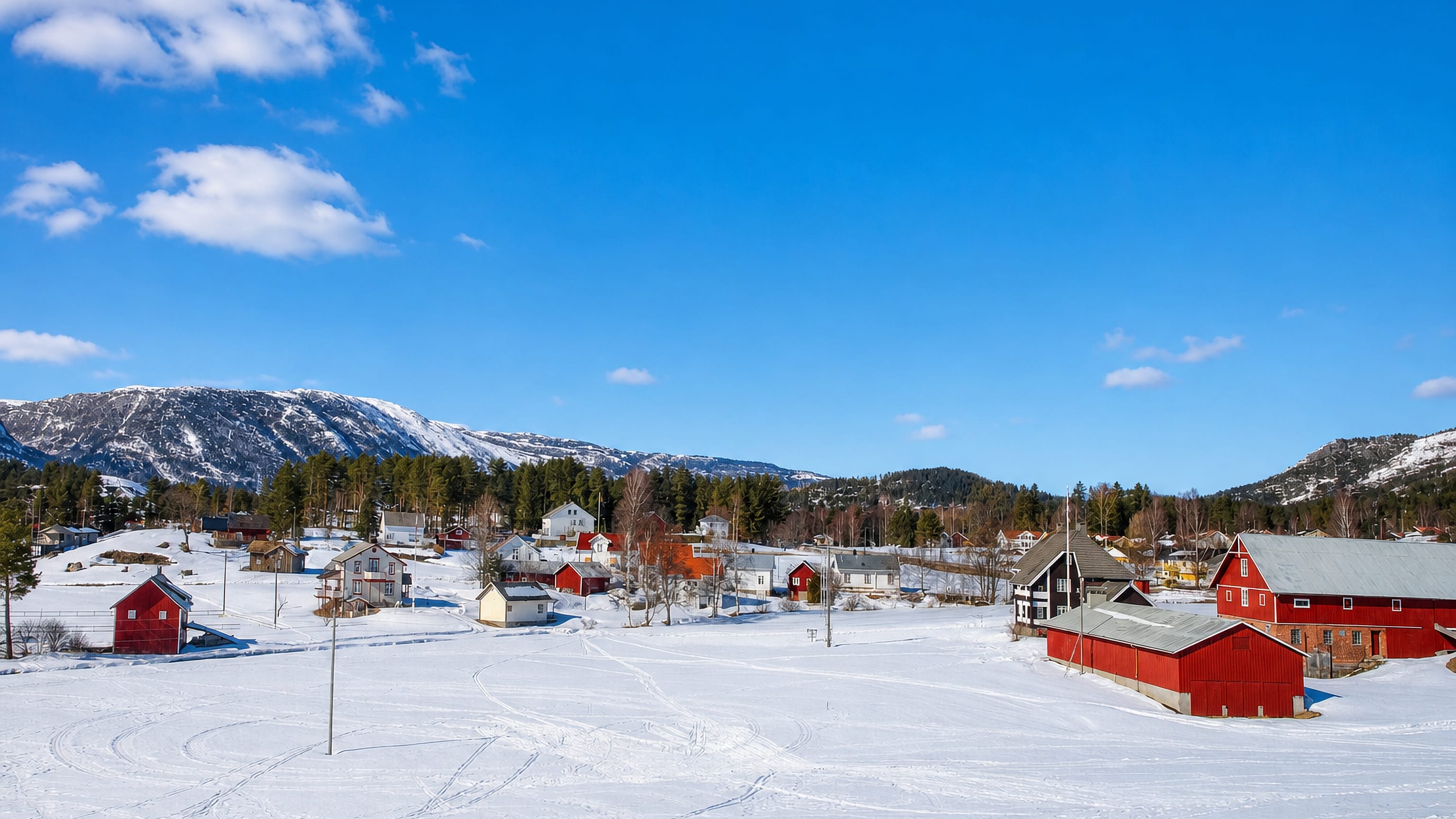 Snow-covered village with red timber houses and barns below wooded mountains at Treungen, Norway