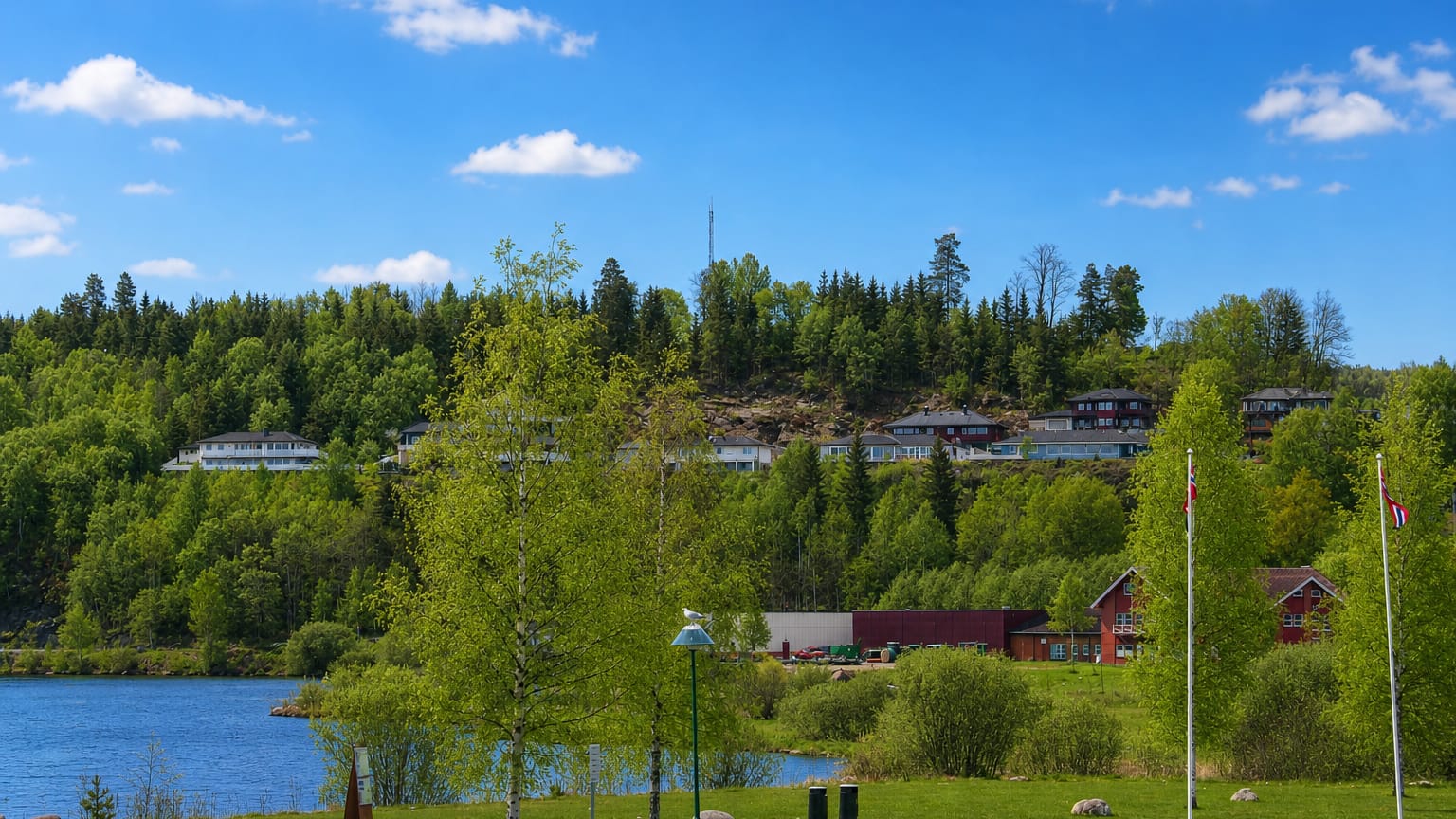 Lakeside houses on a wooded hill with Norwegian flags at Ulefoss, Norway