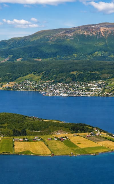 Elevated view of Borkenes village along a blue fjord with green farm fields and mountains, Troms, Norway.