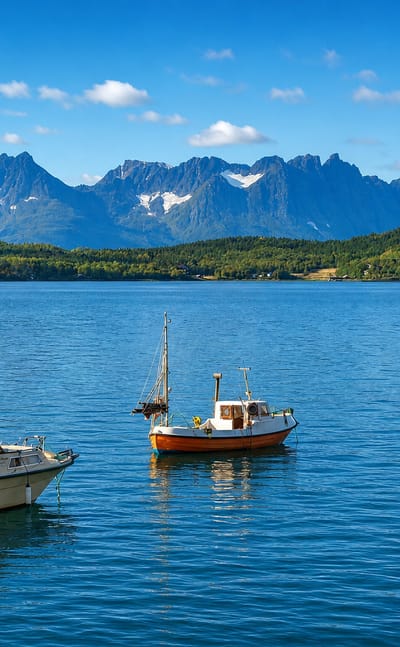 Small fishing and leisure boats moored on the calm blue waters of Burfjord, Norway, beneath forested shores and jagged mountains.