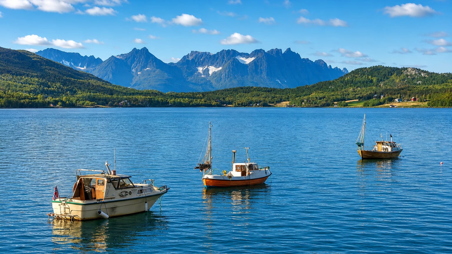 Small fishing and leisure boats moored on the calm blue waters of Burfjord, Norway, beneath forested shores and jagged mountains.