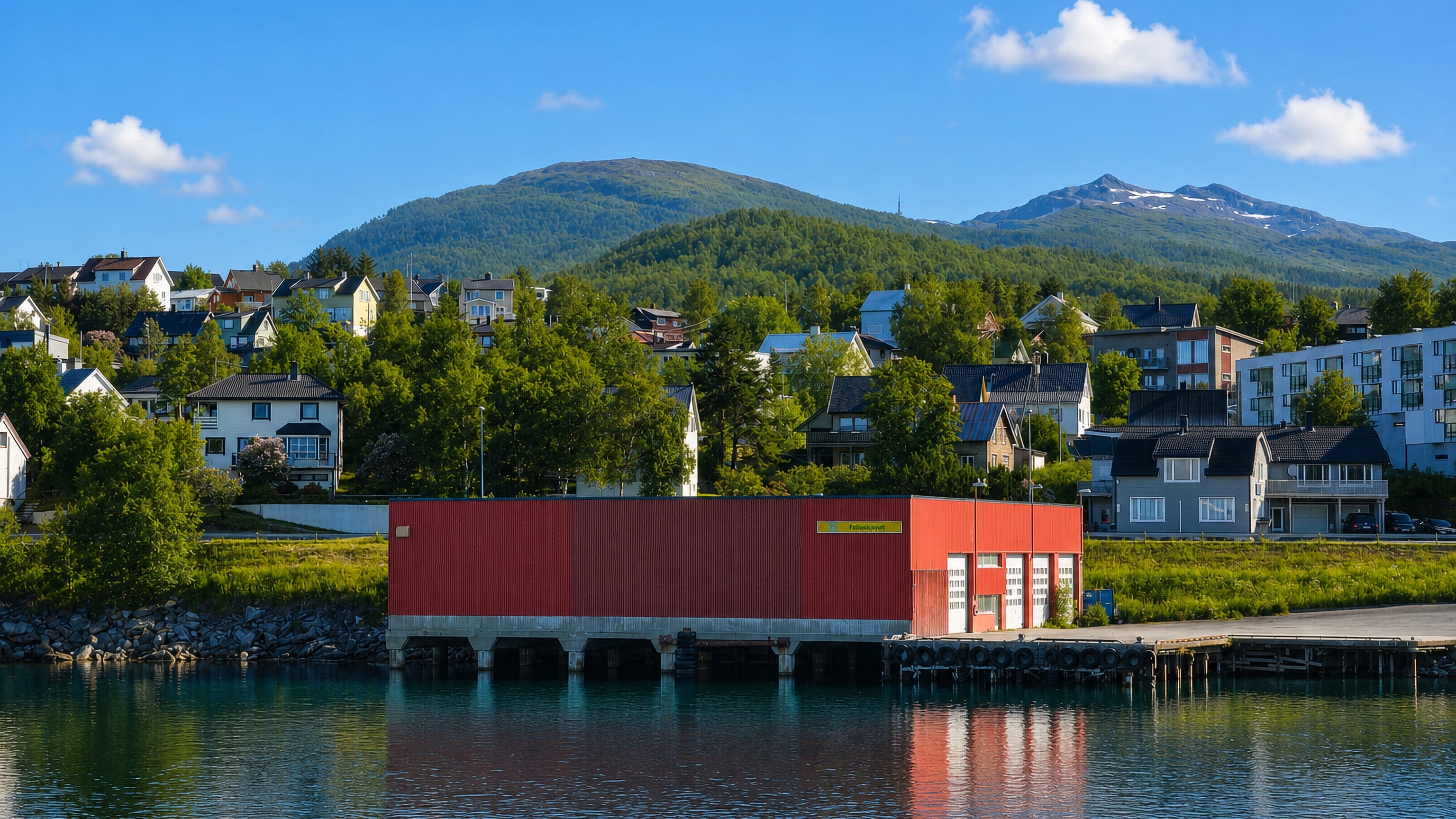 Red boathouse and residential houses on the waterfront below a green mountain at Finnsnes, Norway