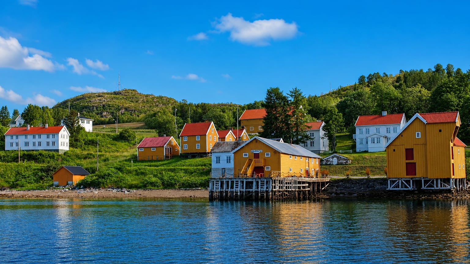 Traditional yellow, white and red wooden houses and waterside warehouses on stilts along the fjord at Hamnvik, Norway
