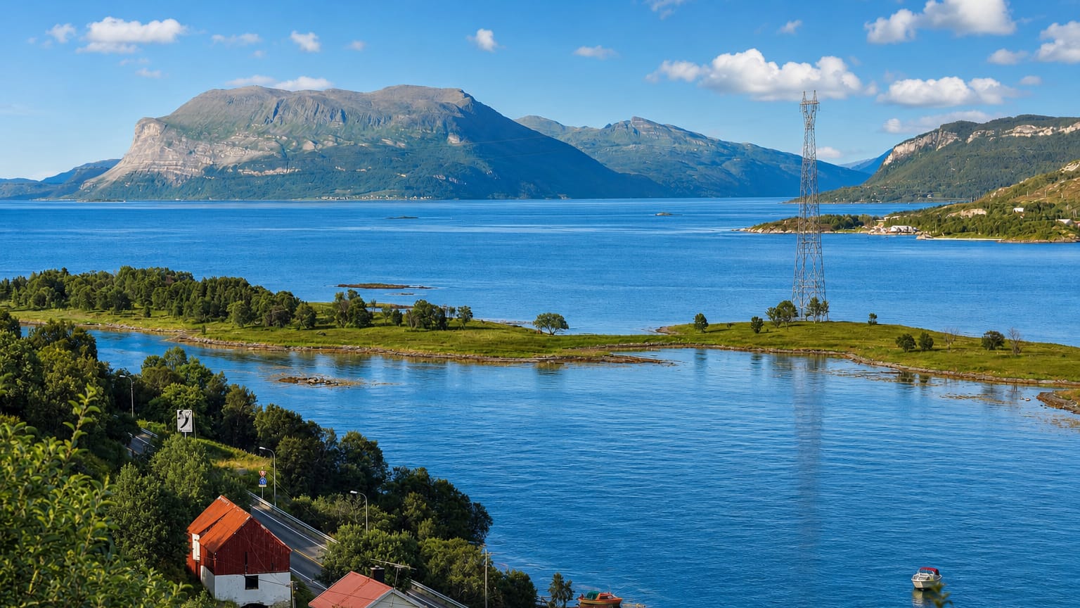 Fjord landscape near Harstad, Norway, with a flat-topped mountain, islets and a power-line pylon.