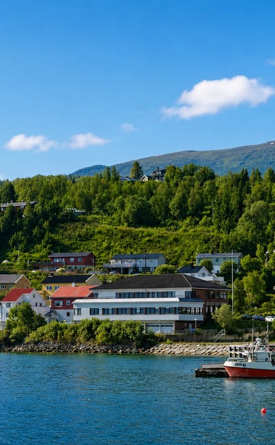 Lyngseidet, Norway, a Troms waterfront village with boats and a green hillside above the fjord.