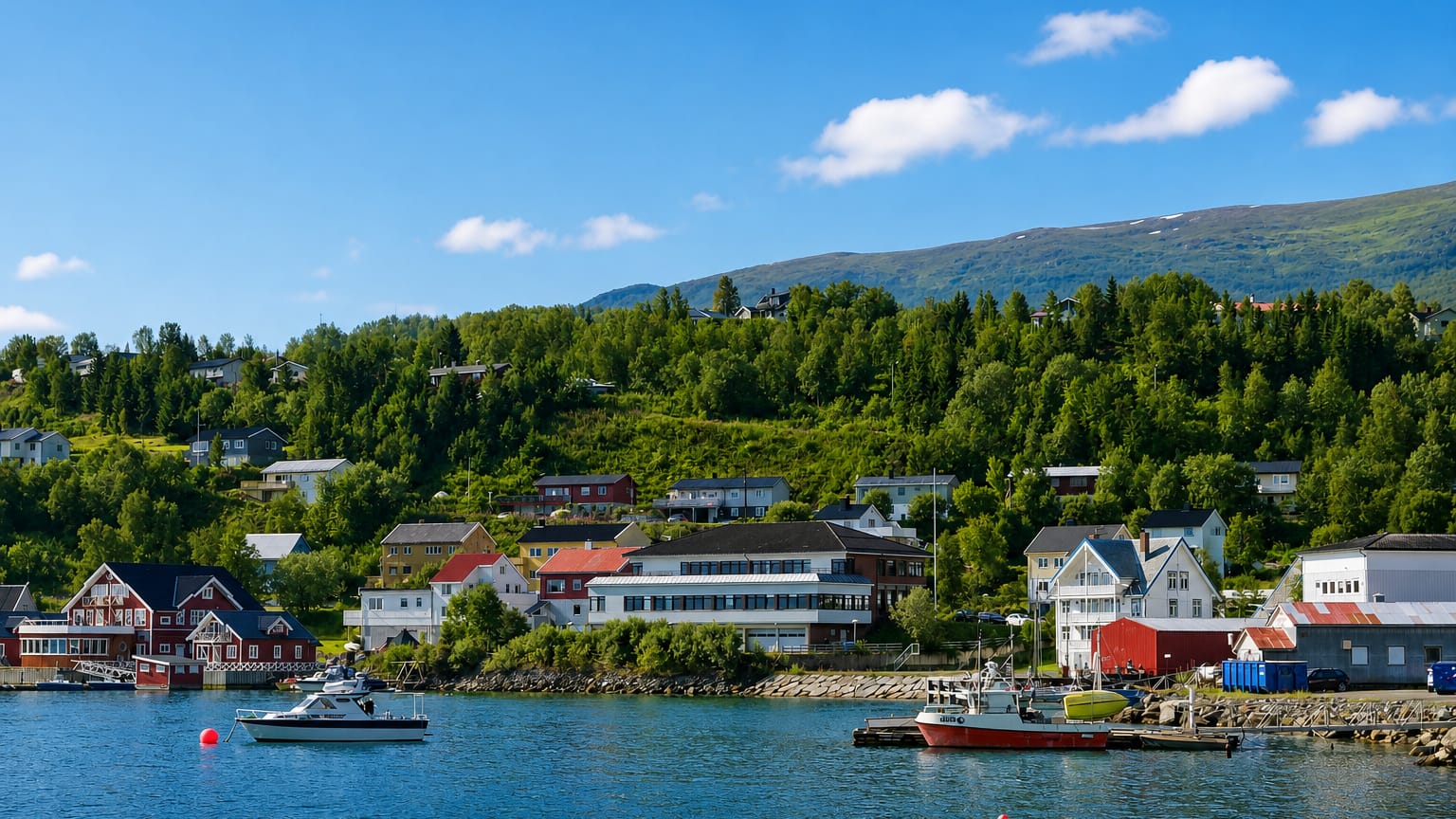 Lyngseidet, Norway, a Troms waterfront village with boats and a green hillside above the fjord.