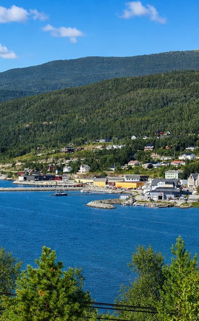 Sjøvegan, Norway, a village strung along the fjord shore with a harbour below forested Troms hills.