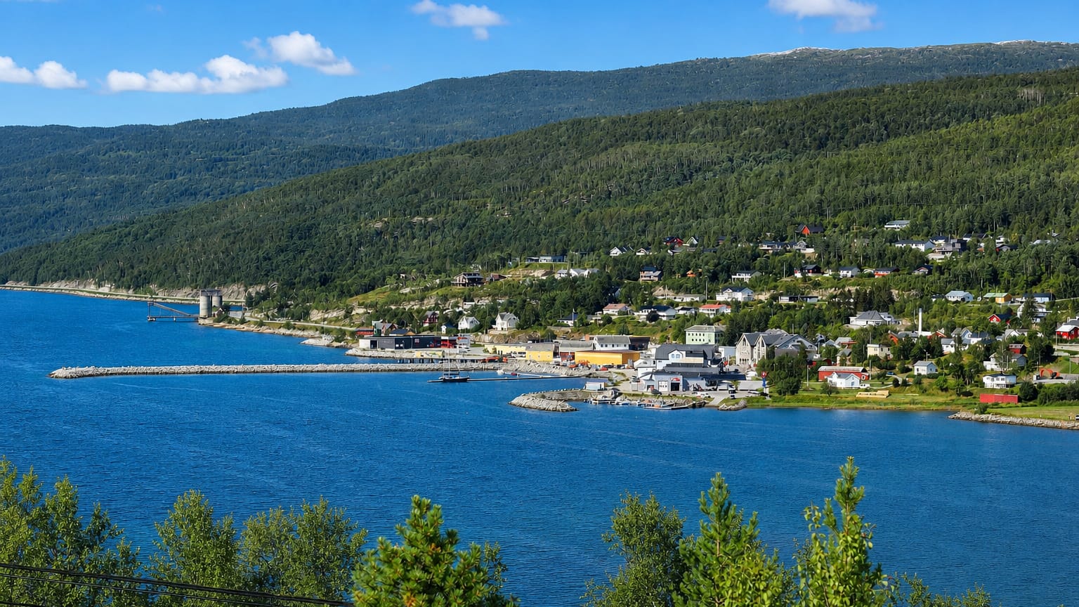 Sjøvegan, Norway, a village strung along the fjord shore with a harbour below forested Troms hills.