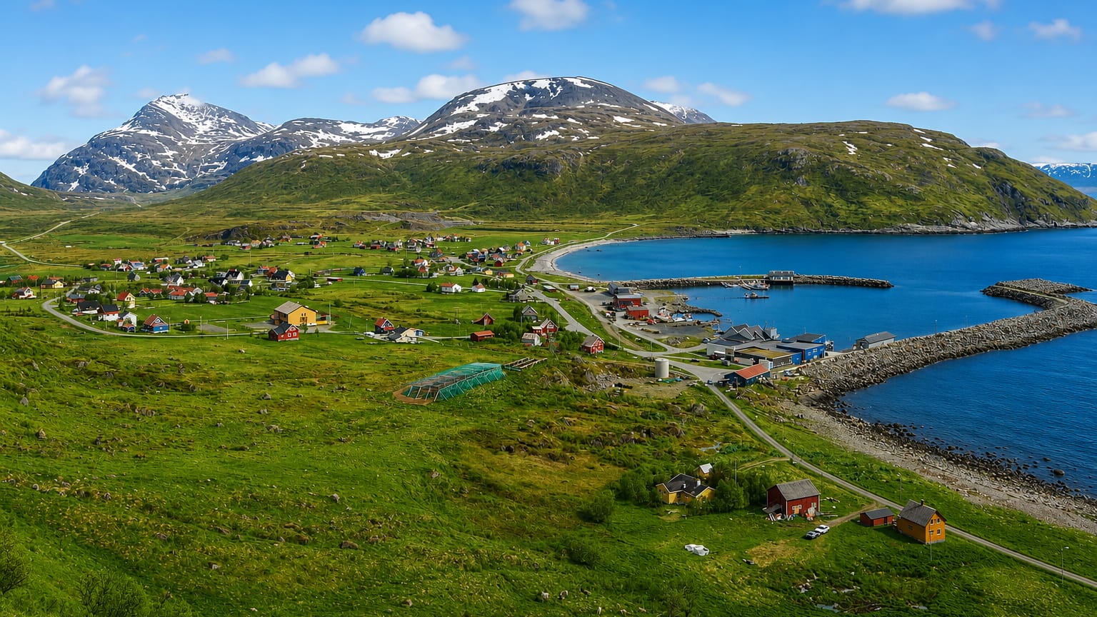 Green coastal settlement with a small harbor breakwater and snow-capped peaks near Skjervoy, Troms, Norway