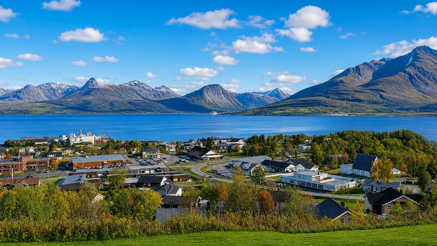 Storsteinnes, Norway, spread along a broad fjord beneath snow-flecked mountains in autumn.