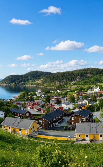 Colourful wooden houses and a white church on green hillsides above a calm fjord in the village of Børsa, Norway.