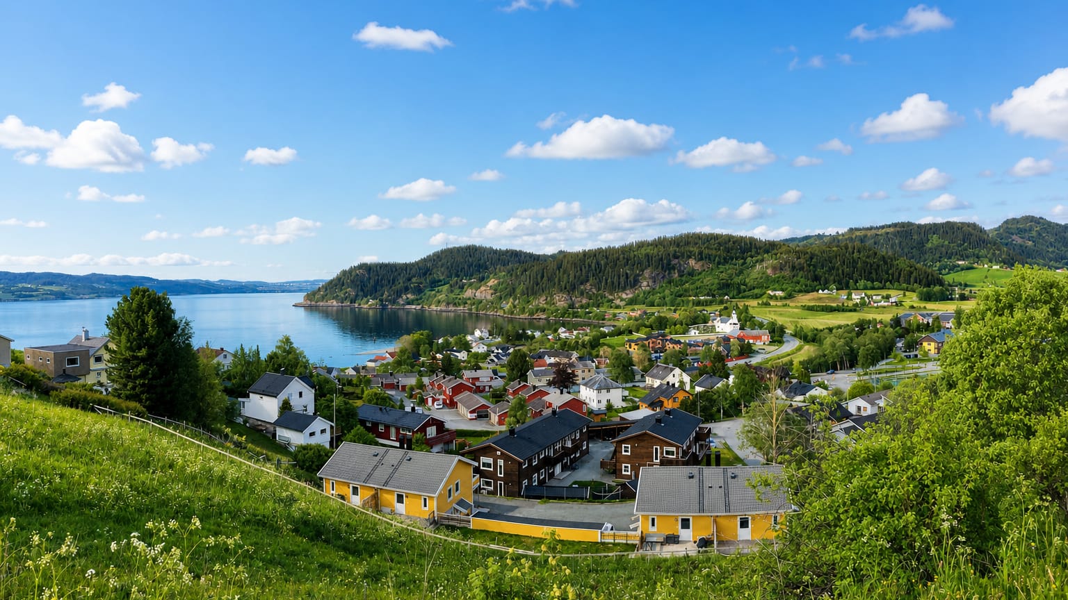 Colourful wooden houses and a white church on green hillsides above a calm fjord in the village of Børsa, Norway.
