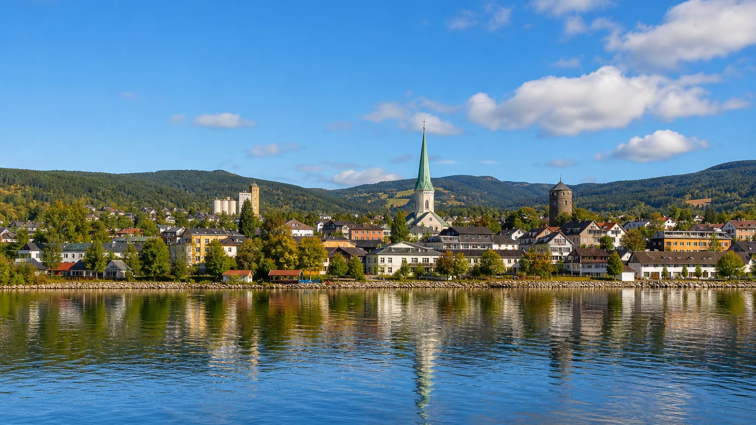 Grong waterfront with a green church spire, stone towers and forested hills mirrored in calm river water under a blue sky