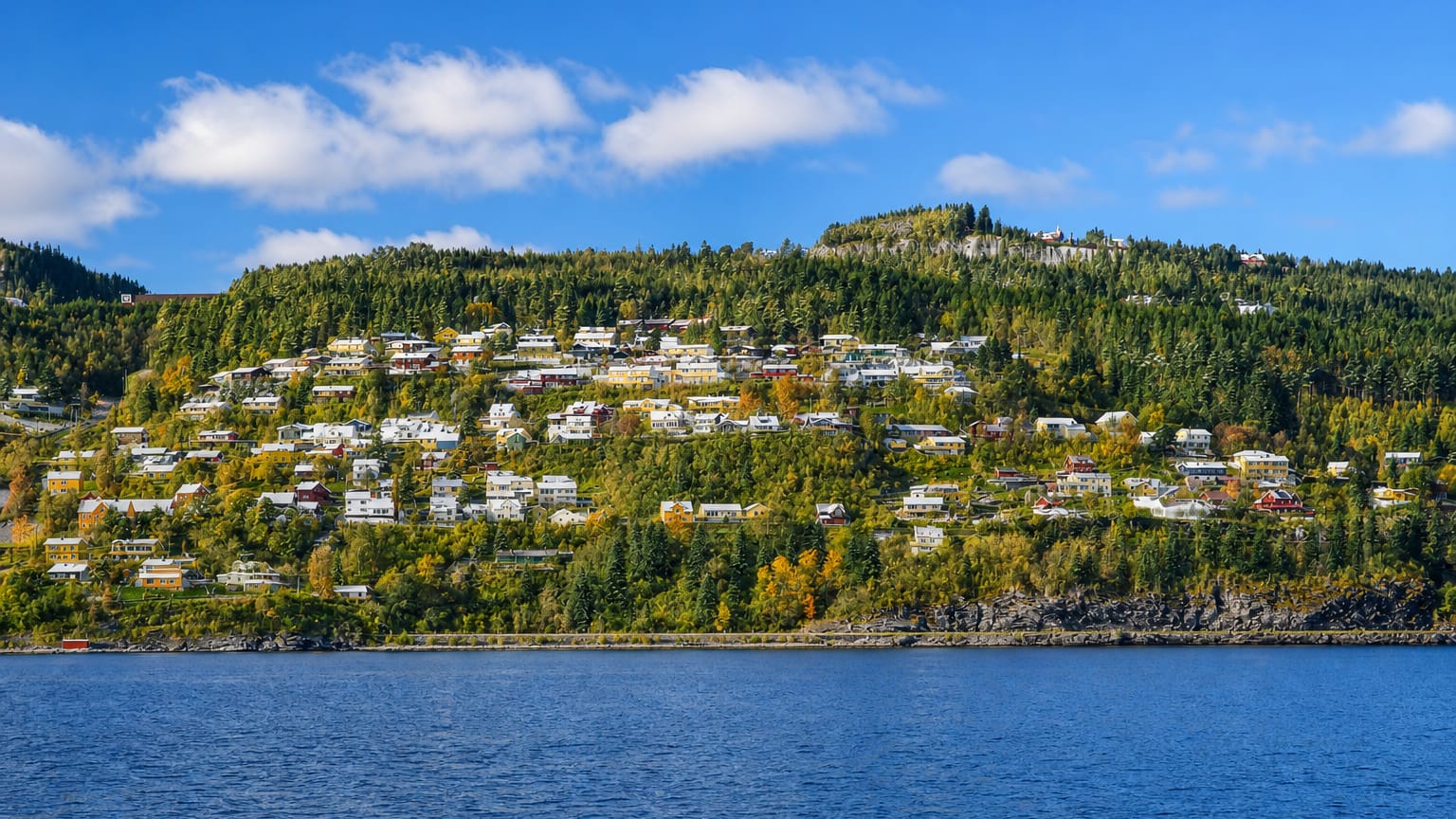 Hillside houses scattered among autumn forest above the calm fjord at Hommelvik, Norway.