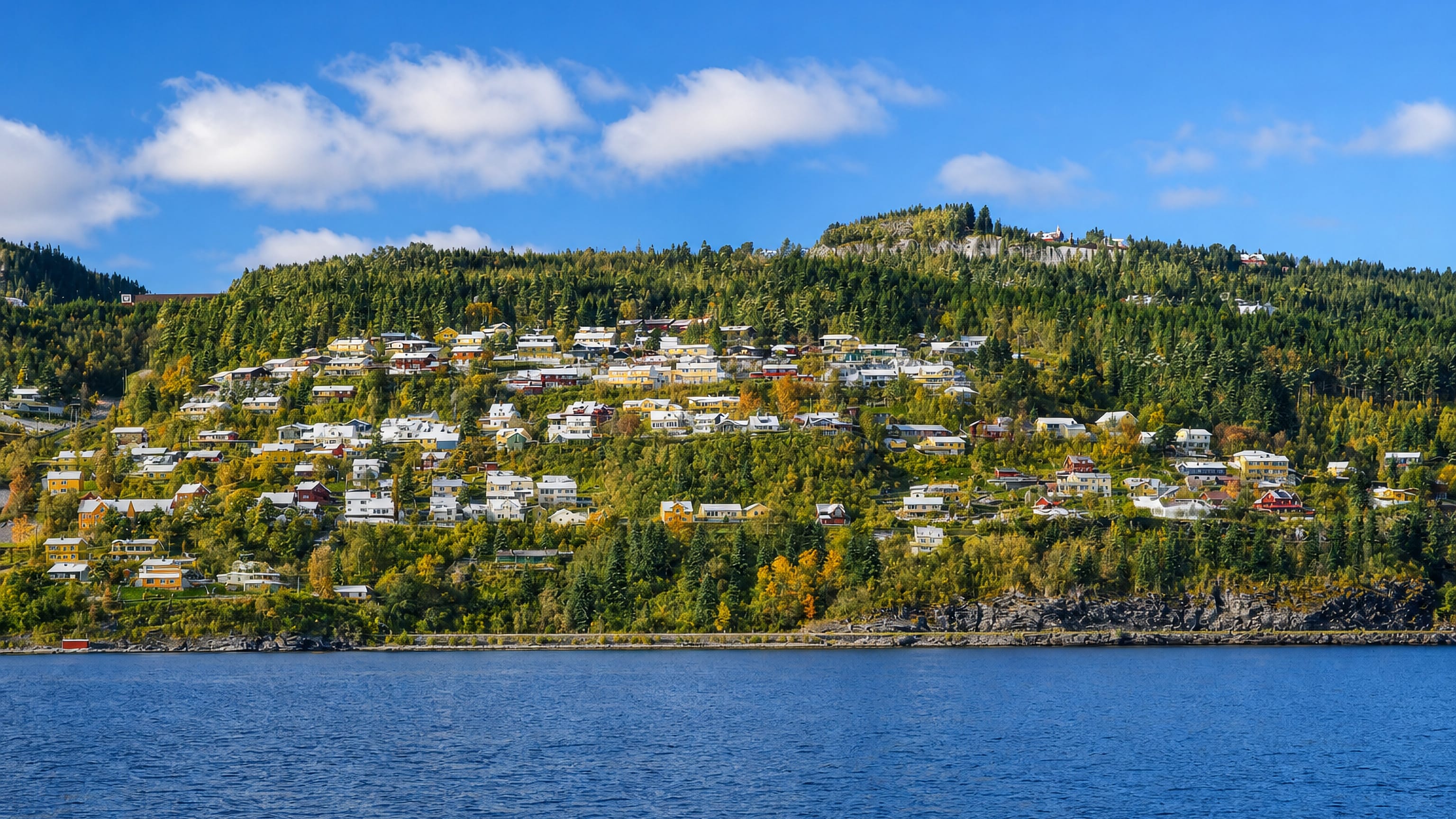 Hillside houses scattered among autumn forest above the calm fjord at Hommelvik, Norway.