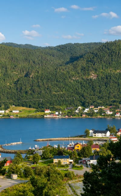 Kyrksæterøra's scattered waterfront houses and small marina at the head of a forested fjord, central Norway.