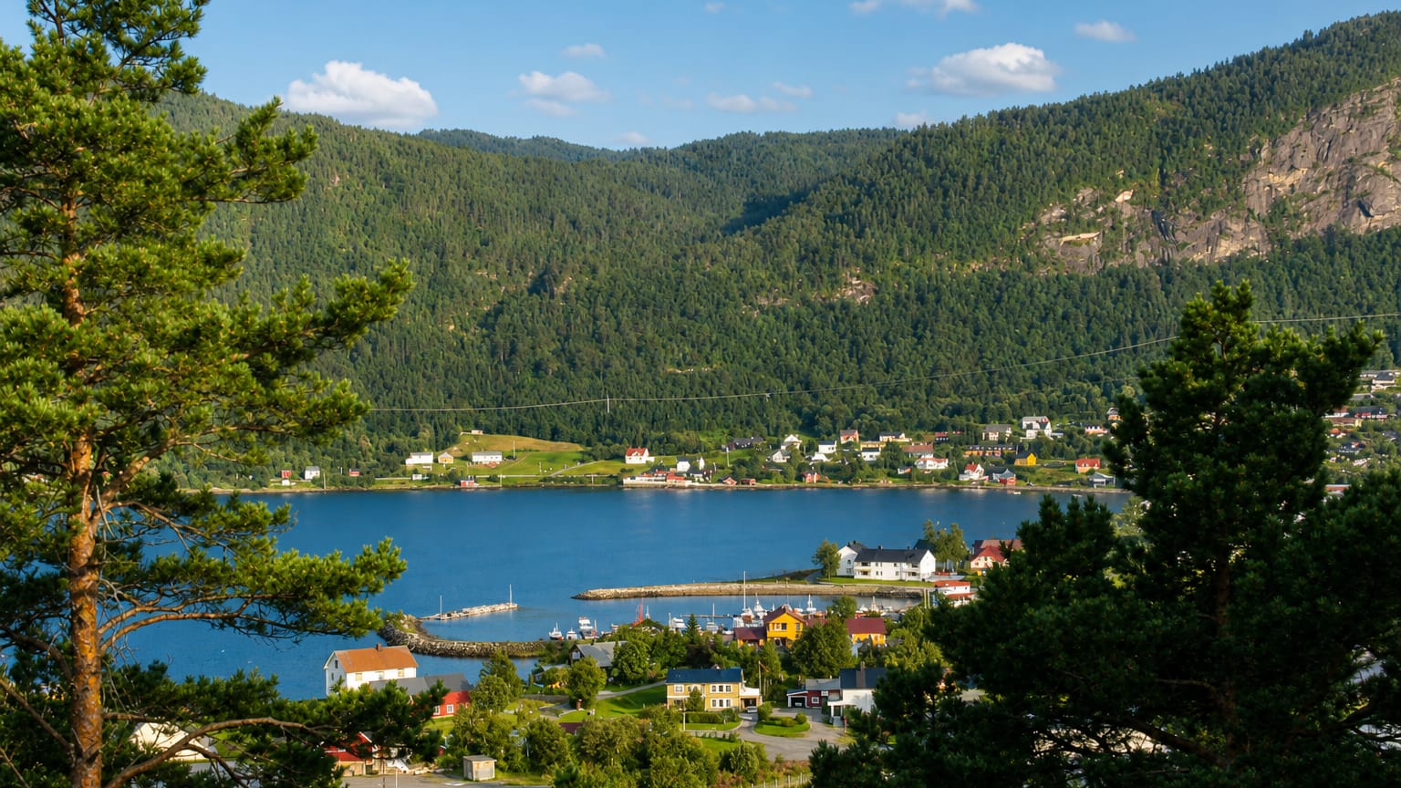 Kyrksæterøra's scattered waterfront houses and small marina at the head of a forested fjord, central Norway.