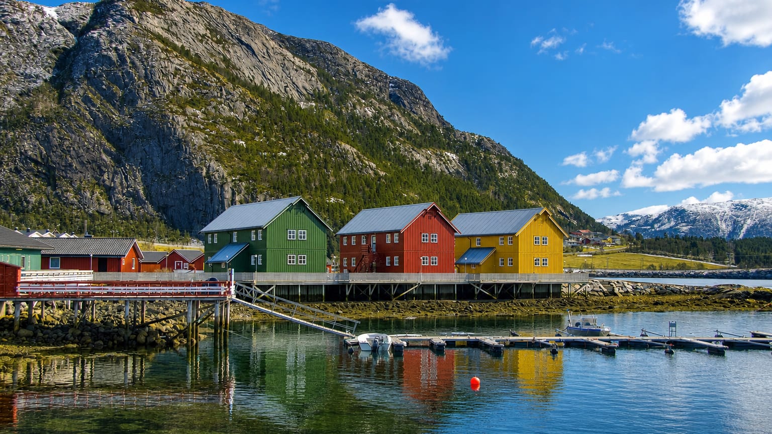 Colorful waterfront houses and a small marina at Lauvsnes, Norway, beneath a steep mountain reflected in calm fjord water.